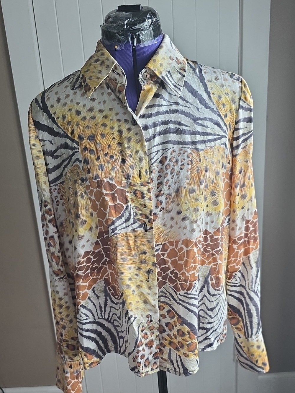 Maggy London Yellow, Black & Cream Animal-Print Silk Blouse